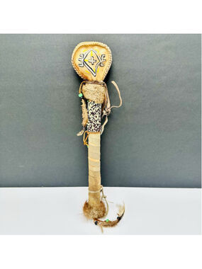 Vintage Native American Rawhide Rattle Shaker 16” Suede Beads Feathers